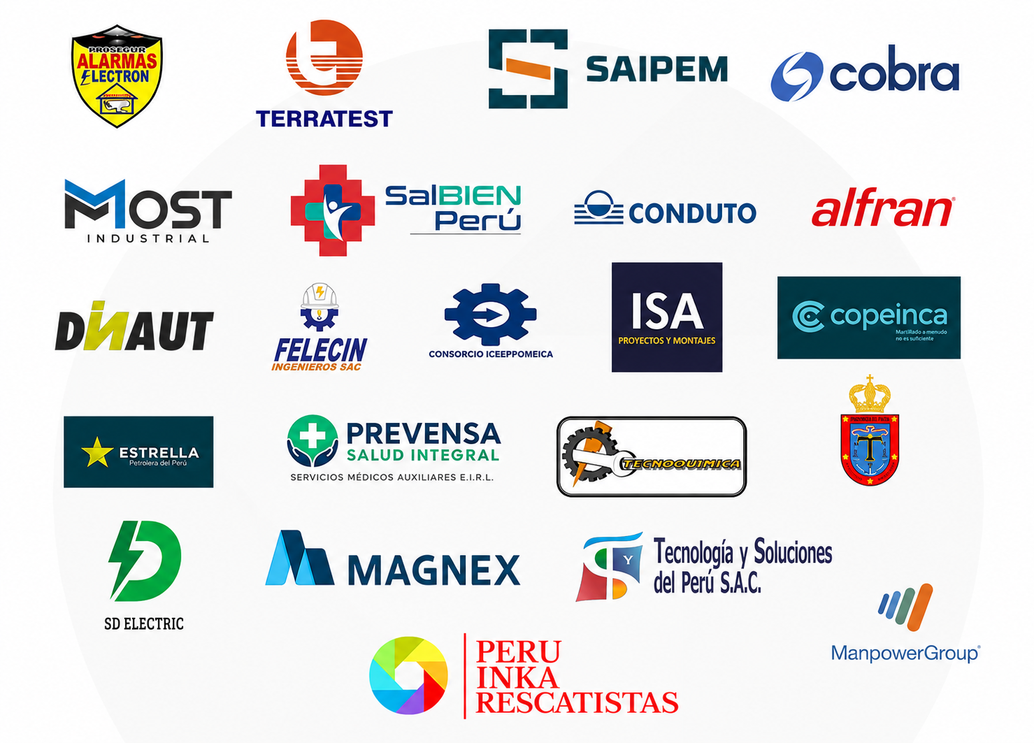 Logos de clientes: Alarmas Electron, Terratest, Saipem, Cobra, Most Industrial, SalBIEN Perú, Conduto, Alfran, Dinaut, Felecin, Consorcio Icsepromeica, ISA Proyectos y Montajes, Copeinca, Estrella, Prevensa Salud Integral, Tecnoquímica, SD Electric, Magnex, Tecnología y Soluciones del Perú, ManpowerGroup